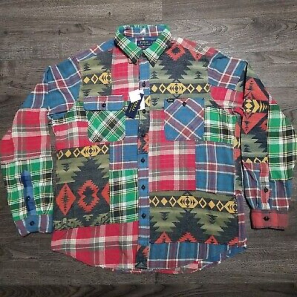 Polo Ralph Lauren Mens Patchwork Southwestern & Plaid Heavy Flannel Shirt